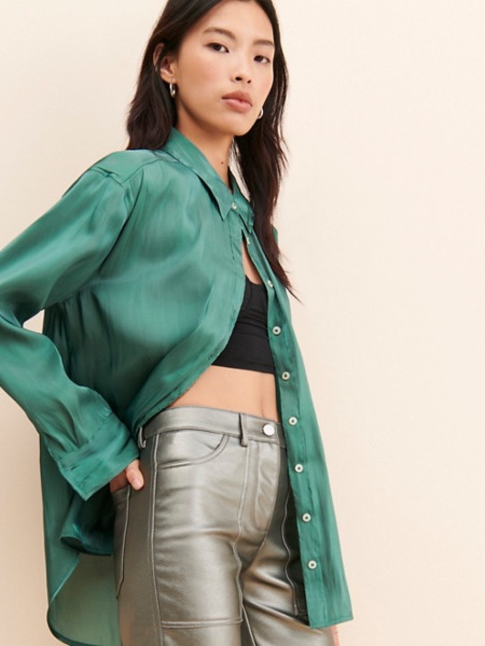 Anthropologie Emerald Green Semi Sheer Satin Button Down Blouse Size Medium